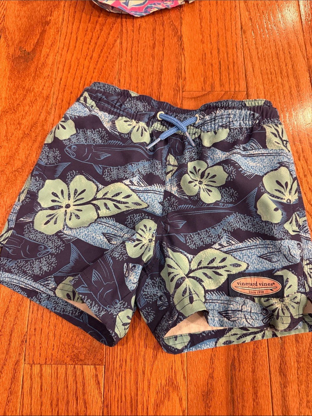 Vineyard Vines Navy Blue Swim Trunks with Seafoam Floral Print